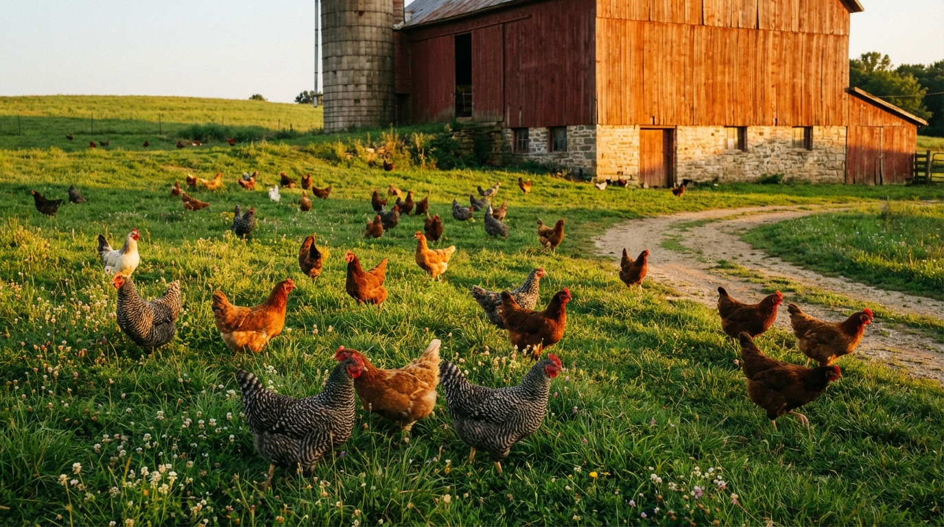 Heritage chickens at golden hour